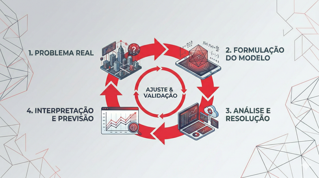 Infográfico ilustrando o ciclo da modelagem matemática em quatro etapas: 1. Problema real, 2. Formulação do modelo, 3. Análise e resolução, e 4. Interpretação e previsão. Elementos visuais em vermelho e cinza escuro.