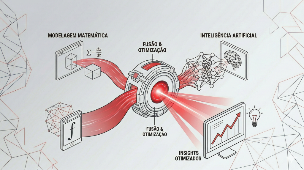 Infográfico técnico ilustrando o 'Mecanismo de Inteligência Analítica Combinado'. Ele mostra a fusão de Modelagem Matemática (regras de negócios) e Inteligência Artificial (aprendizado de dados) gerando Insights e Previsões Otimizadas.