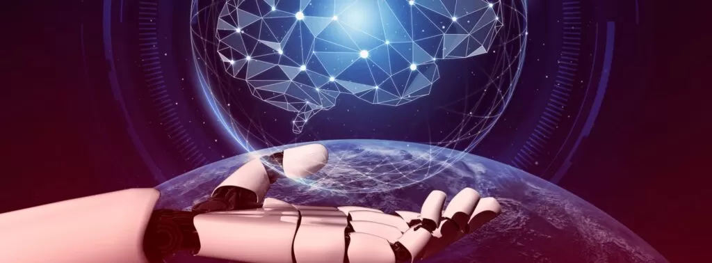 Imagem ilustrativa de inteligência artificial no agronegócio. Um braço robótico estendido sobre a Terra, com uma rede neural brilhante simbolizando conexões tecnológicas e inovação no setor agrícola.