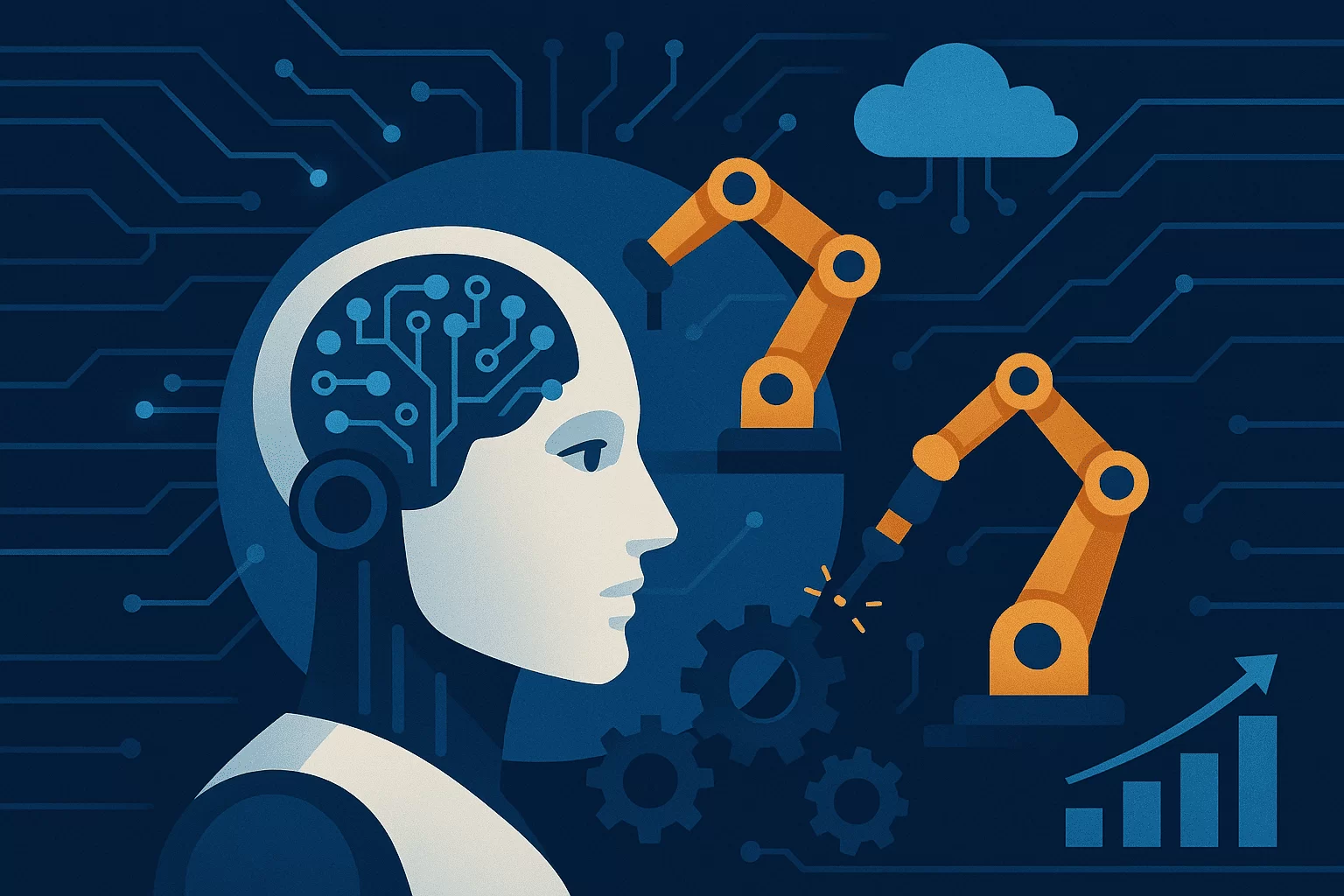 Design gráfico mostrando a conexão entre um cérebro de robô com circuitos, automação industrial (braços robóticos), análise de dados (nuvem) e crescimento (gráfico de barras), ilustrando a integração da IA na quarta revolução industrial.
