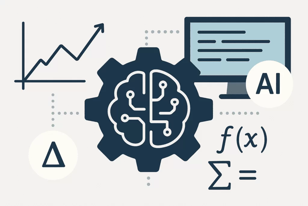 Imagem com gráfico, engrenagem com cérebro, computador com "AI" e fórmulas matemáticas, representando a combinação de modelagem matemática e Inteligência Artificial no planejamento da cadeia de suprimentos.