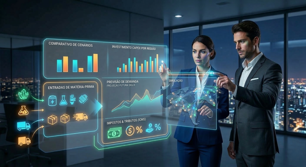Dois profissionais corporativos analisando um painel digital holográfico com gráficos de previsão de demanda, dados de Capex e simulação de rotas, ilustrando a fase de desenvolvimento de um projeto de Supply Chain Network Design.