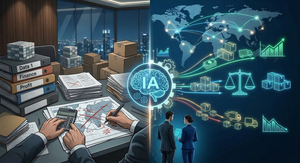 Imagem dividida ao meio ilustrando a evolução do planejamento logístico. À esquerda, o cenário manual com mapas de papel e calculadoras. No centro, um cérebro luminoso com a sigla IA. À direita, o cenário futuro com o Supply Chain Network Design otimizado, mostrando painéis digitais, rotas, gráficos de demanda e uma balança simbolizando o equilíbrio entre custo e nível de serviço.