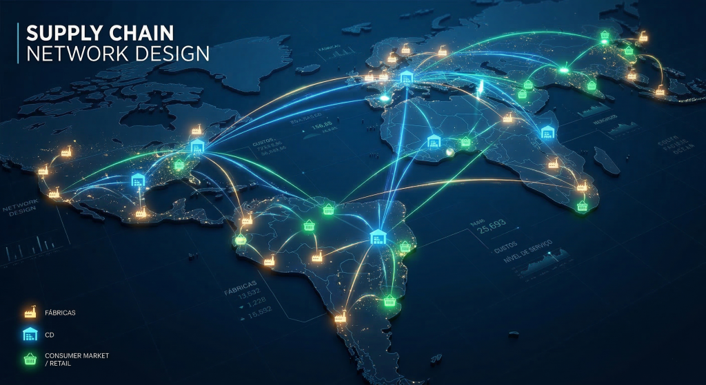 Mapa-múndi digital em estilo high-tech ilustrando o conceito de Supply Chain Network Design. A imagem mostra pontos luminosos que representam fábricas, centros de distribuição e mercados consumidores, conectados por linhas de fluxo, simbolizando a otimização da cadeia de suprimentos.