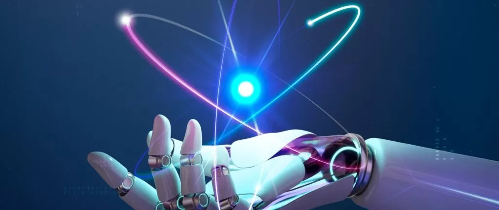 Mão robótica interagindo com partículas de luz coloridas e um núcleo brilhante, representando a presença da Inteligência Artificial (IA) em diversas tecnologias. Ilustração conceitual para artigo sobre a aplicação onipresente da IA em dispositivos, serviços e soluções tecnológicas que impactam o cotidiano das pessoas.
