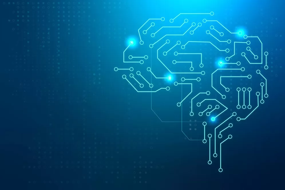 Uma imagem minimalista de um cérebro humano estilizado com elementos de circuitos eletrônicos, destacando a essência da Inteligência Artificial como um sistema complexo de processamento de informações que se torna cada vez mais comum.
