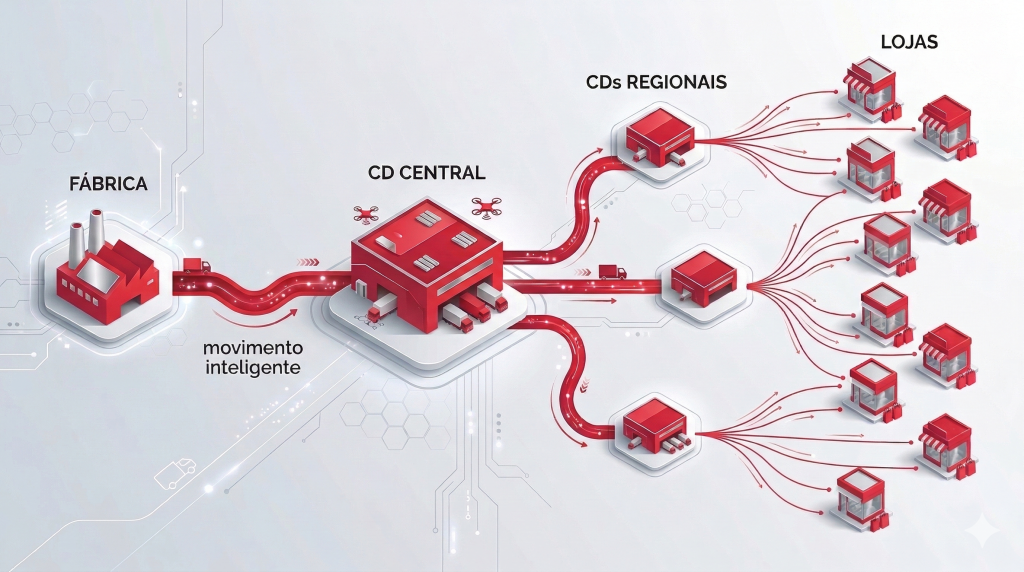 Infográfico 3D ilustrando o conceito de DRP (Distribution Requirements Planning), mostrando o fluxo logístico inteligente saindo da fábrica para o CD Central, passando por CDs regionais até chegar às lojas.