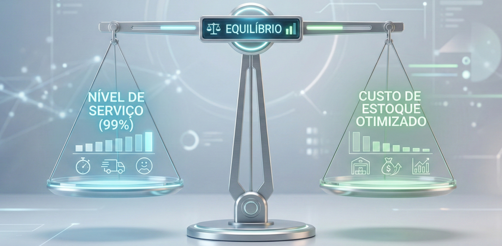 Ilustração 3D de uma balança digital moderna equilibrando Nível de Serviço de 99% de um lado e Custo de Estoque Otimizado do outro. Representação visual do principal objetivo do DRP na logística de empresas.