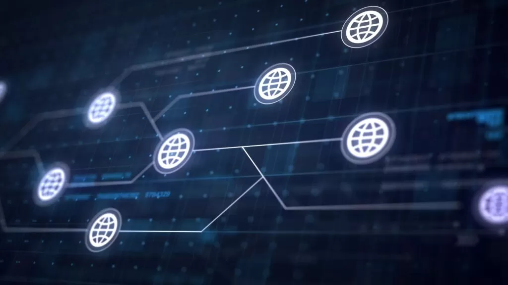 Ícones de globo conectados em rede, ilustrando o conceito de design de rede inteligente com a aplicação da Inteligência Artificial.