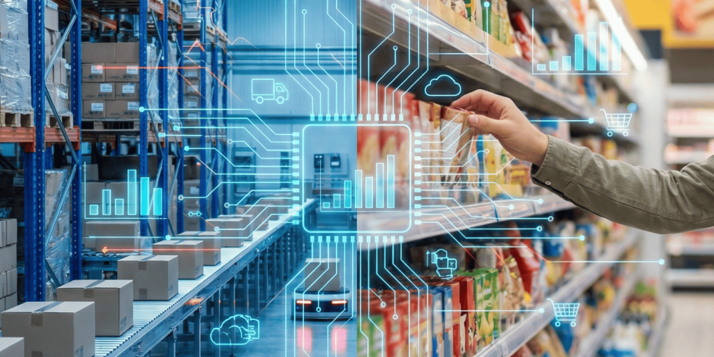 Composição visual dividida mostrando, à esquerda, um centro de distribuição industrial automatizado e com estoque otimizado, conectado por fluxo de dados digitais a uma gôndola de varejo perfeitamente abastecida à direita, ilustrando os benefícios da previsão de demanda.