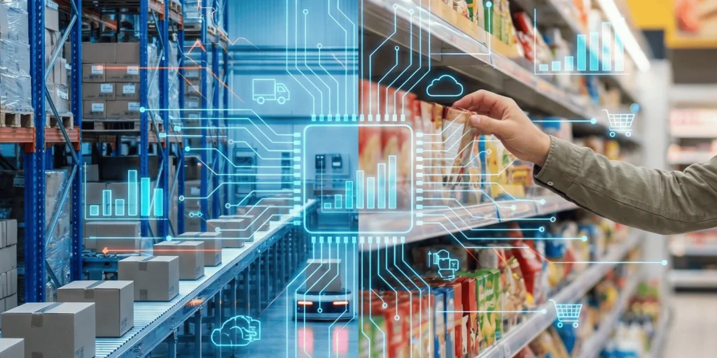 Da Indústria ao Varejo: Benefícios da Previsão de Demanda Integrada - UniSoma Composição visual dividida mostrando, à esquerda, um centro de distribuição industrial automatizado e com estoque otimizado, conectado por fluxo de dados digitais a uma gôndola de varejo perfeitamente abastecida à direita, ilustrando os benefícios da previsão de demanda.