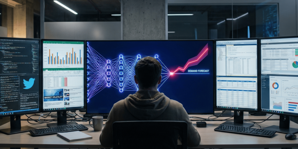 Analista de dados em um moderno centro de controle, unificando em múltiplos monitores fontes de dados qualitativas (tendências de mercado) e quantitativas (histórico de vendas) através de algoritmos de IA para gerar um gráfico de previsão de demanda preciso.