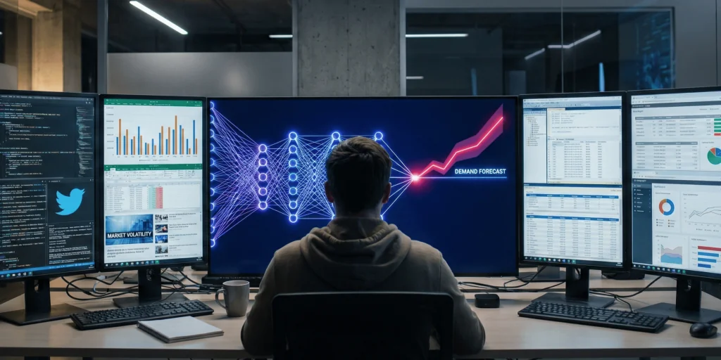 Visualizando Métodos de Previsão: Convergência de Dados Qualitativos e Quantitativos com IA - UniSoma Analista de dados em um moderno centro de controle, unificando em múltiplos monitores fontes de dados qualitativas (tendências de mercado) e quantitativas (histórico de vendas) através de algoritmos de IA para gerar um gráfico de previsão de demanda preciso.