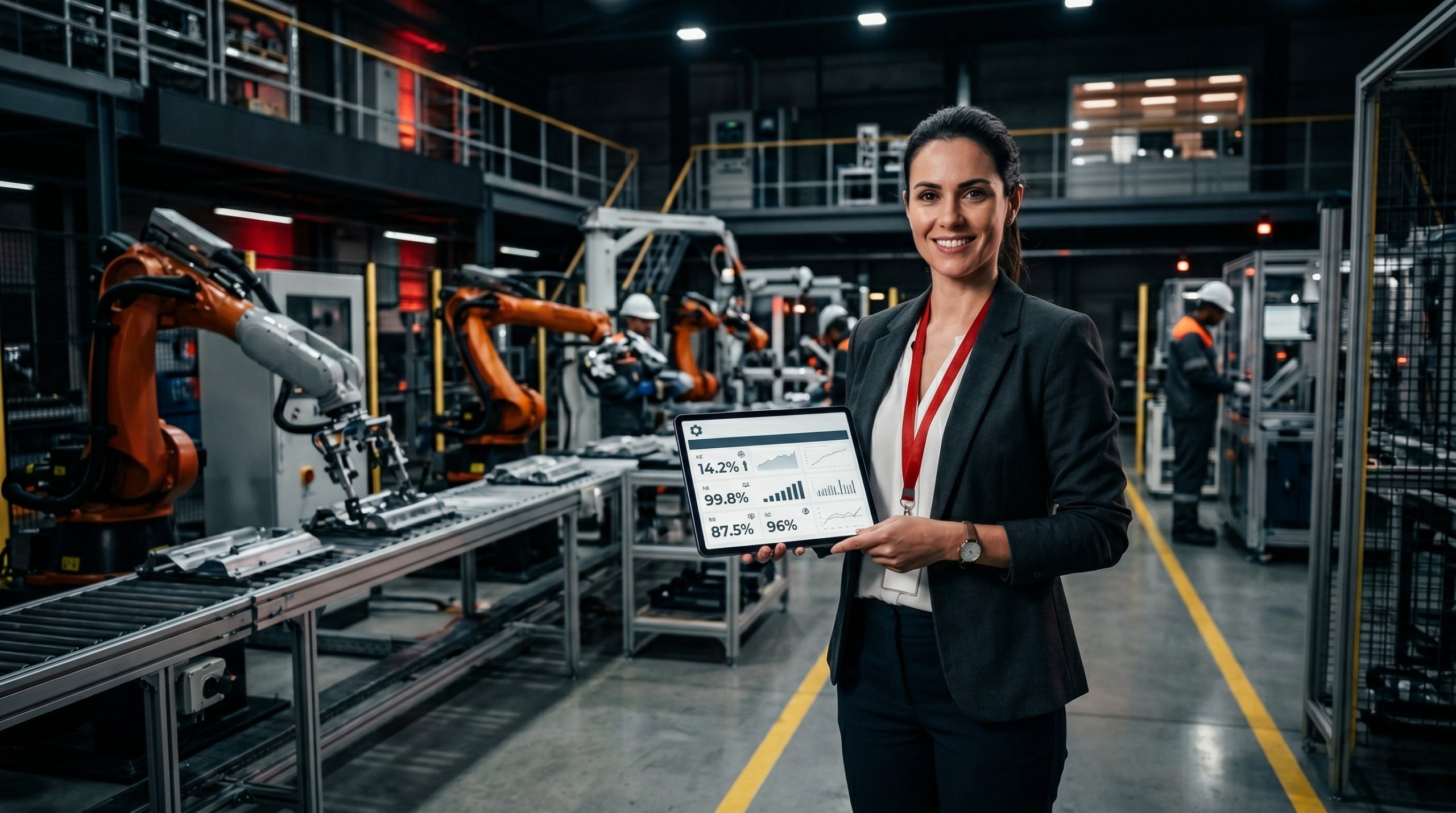 Gestora segurando tablet com dashboard de planejamento de produção em linha industrial automatizada com braços robóticos.