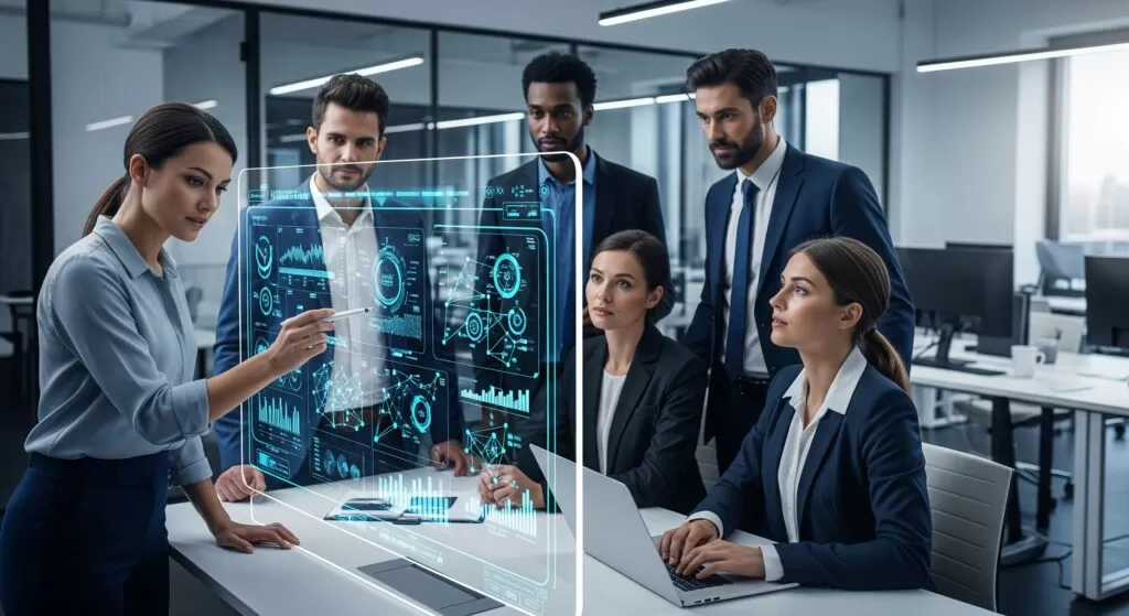 Cultura data-driven representada por equipe analisando dados em dashboards para decisões estratégicas.