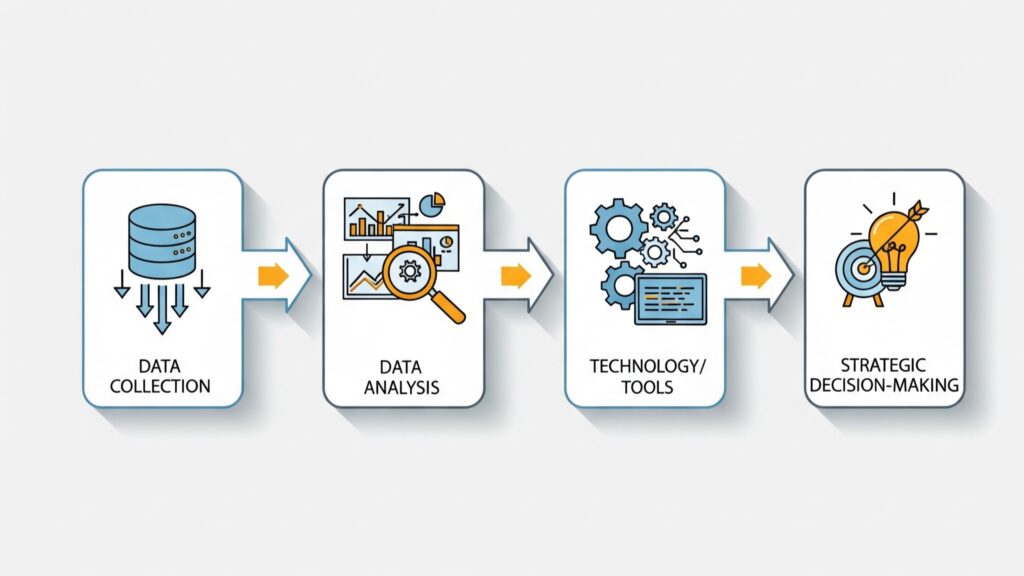 Etapas para implementar uma cultura data-driven: coleta, análise, ferramentas e tomada de decisão.