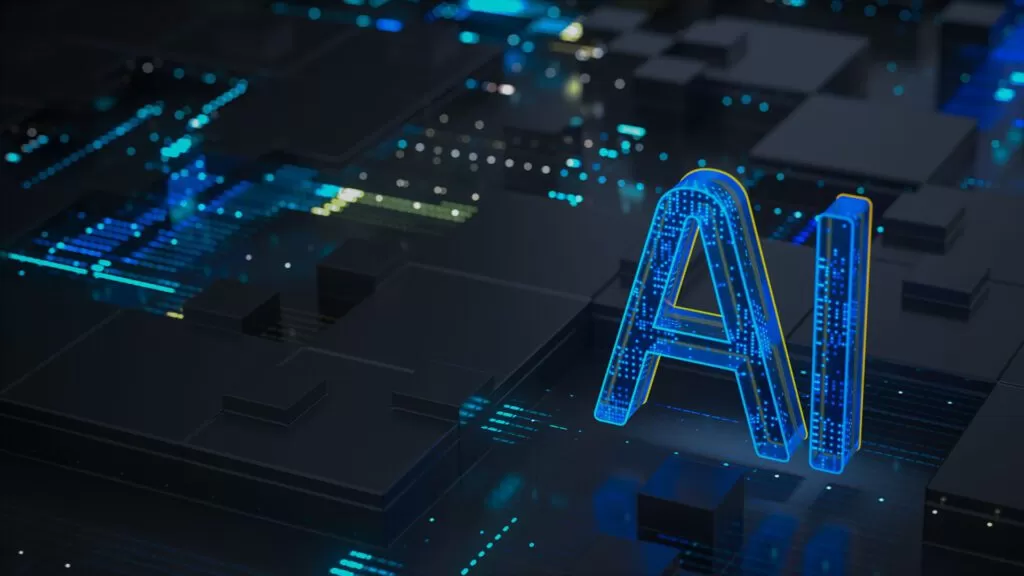 Letras "AI" brilhantes sobre um fundo tecnológico, representando o impacto da Inteligência Artificial, incluindo o ChatGPT, na cadeia de suprimentos.