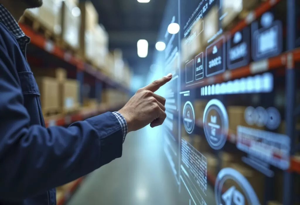 Um homem em um armazém tocando uma interface digital sobreposta que exibe informações de estoque, rastreamento e logística, representando como a IA generativa pode fornecer e interagir com dados da cadeia de suprimentos.