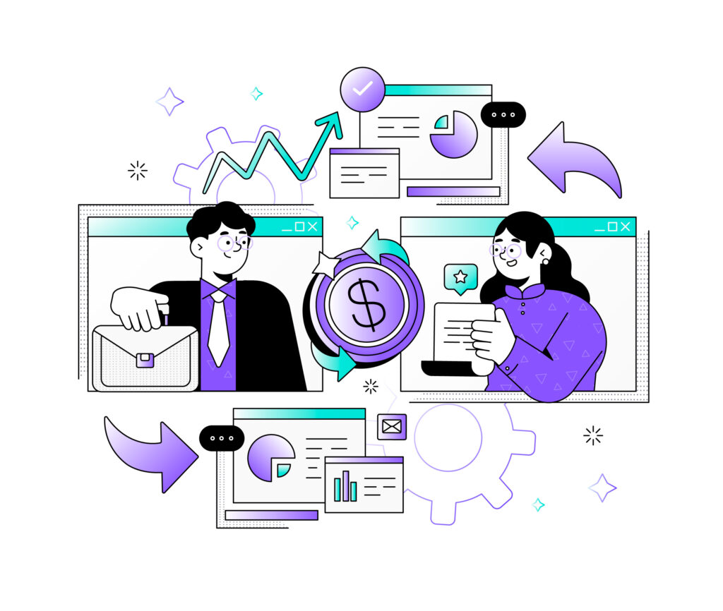 Ilustração de S&OP representando a colaboração entre áreas, com gráficos, indicadores financeiros e profissionais conectados no planejamento integrado.