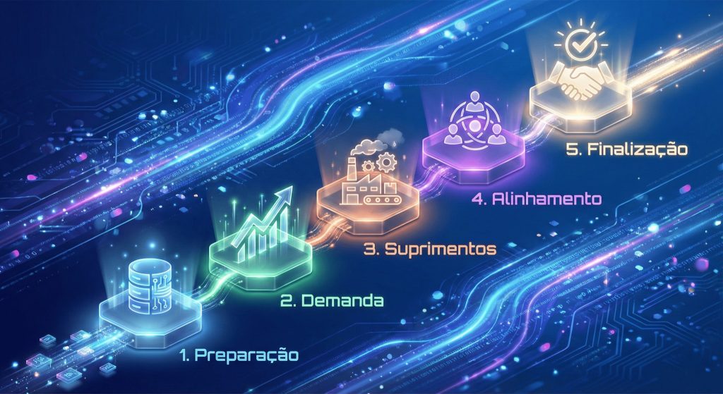 Fluxograma: As 5 Fases do Ciclo de S&OP | UniSoma Infográfico digital em formato de roadmap destacando as 5 etapas do S&OP: preparação de dados, plano de demanda, plano de suprimentos, reunião de consenso e finalização executiva.