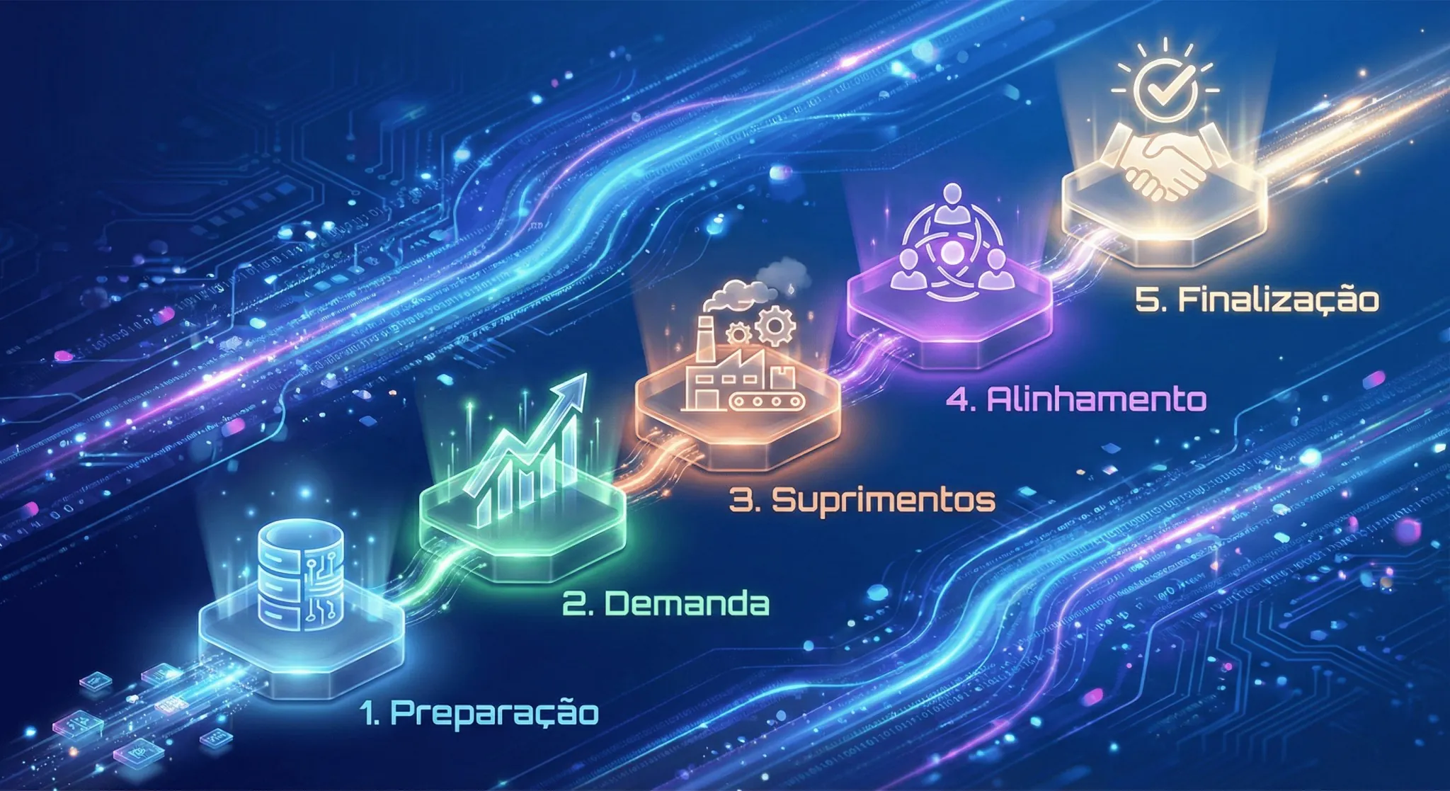 Infográfico digital em formato de roadmap destacando as 5 etapas do S&OP: preparação de dados, plano de demanda, plano de suprimentos, reunião de consenso e finalização executiva.