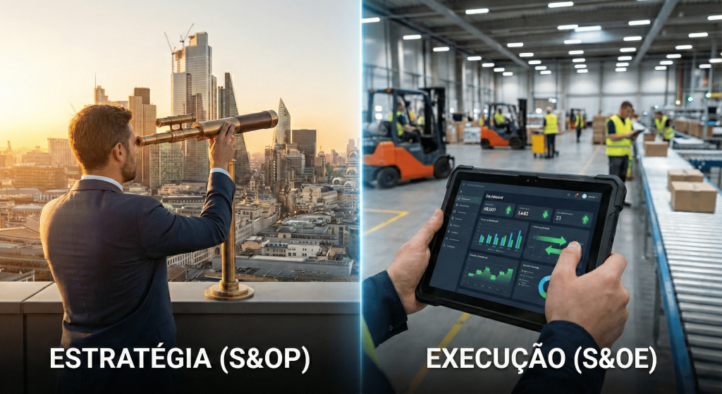Comparativo visual entre S&OP e S&OE: à esquerda, executivo observando o horizonte com binóculo (estratégia de longo prazo); à direita, operador usando tablet para gestão de estoque em tempo real (execução de curto prazo).