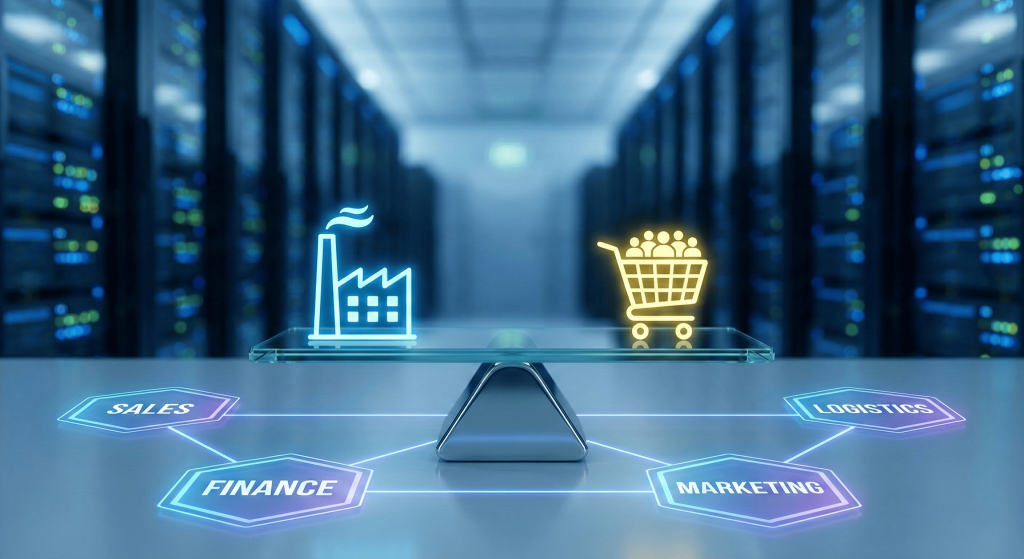 Balança digital ilustrando o conceito de S&OP, equilibrando o ícone de uma fábrica (oferta) e um carrinho de compras (demanda), conectados em rede às áreas de Vendas, Finanças, Marketing e Logística.