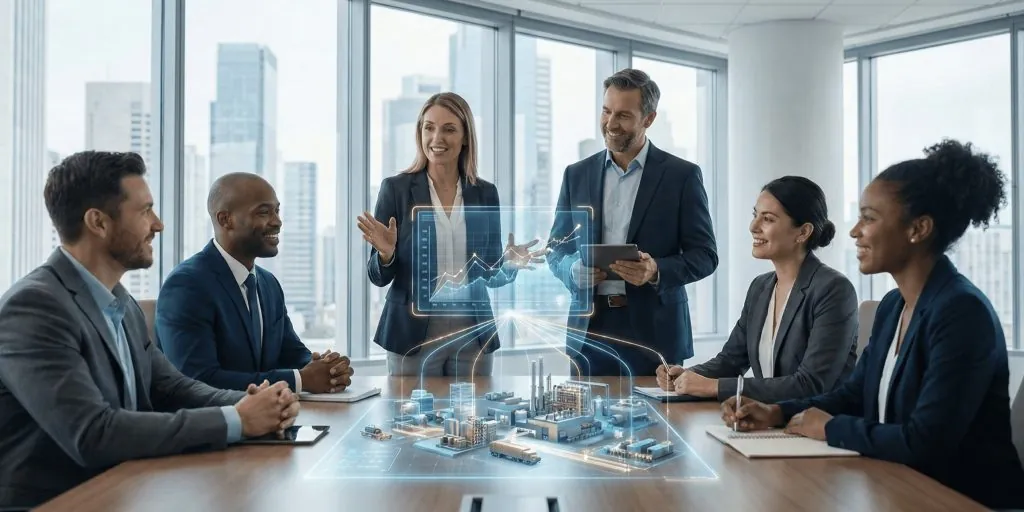 Equipe executiva em reunião de S&OP analisando holograma de cadeia de suprimentos projetado sobre a mesa.