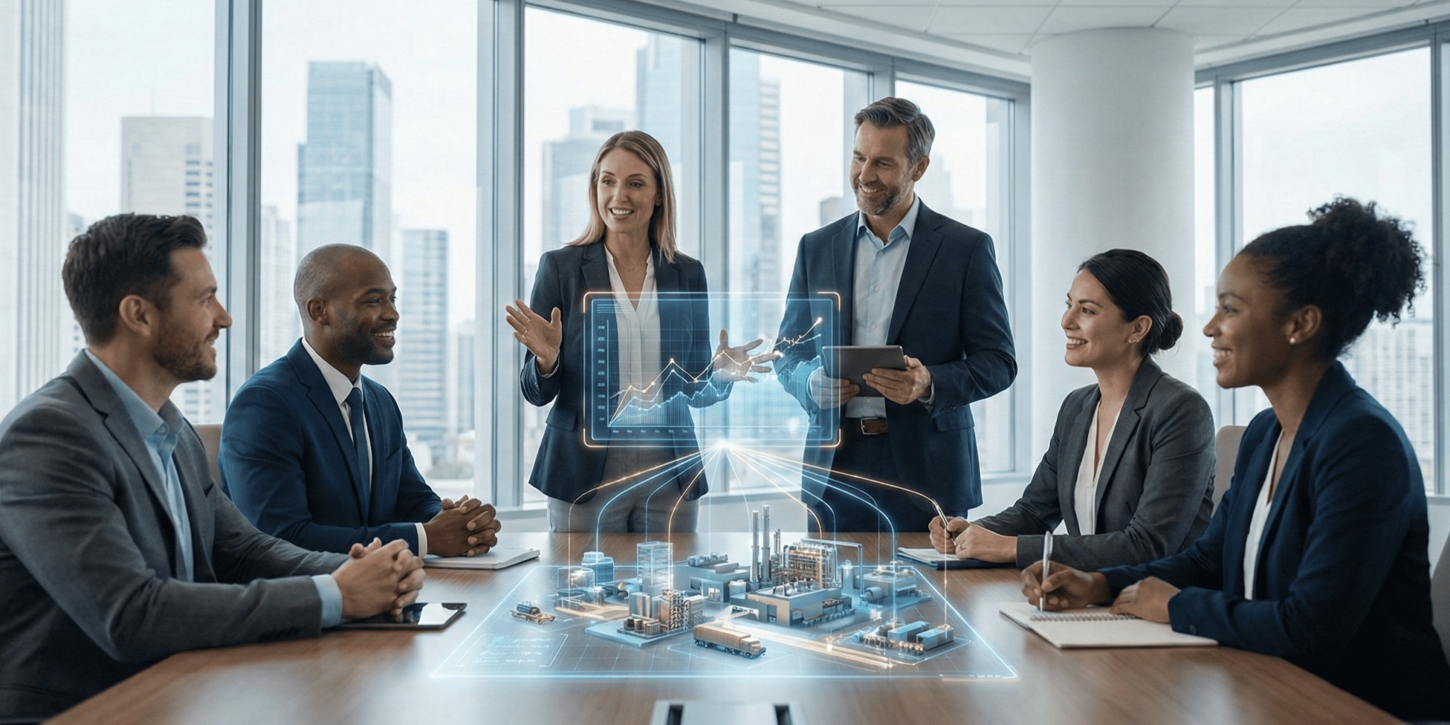 Equipe executiva em reunião de S&OP analisando holograma de cadeia de suprimentos projetado sobre a mesa.