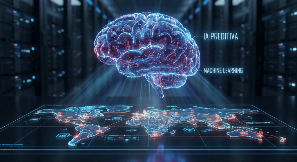 Representação digital de um cérebro formado por dados (IA e Machine Learning) projetando um mapa holográfico da cadeia de suprimentos global, ilustrando a inteligência preditiva no S&OP.