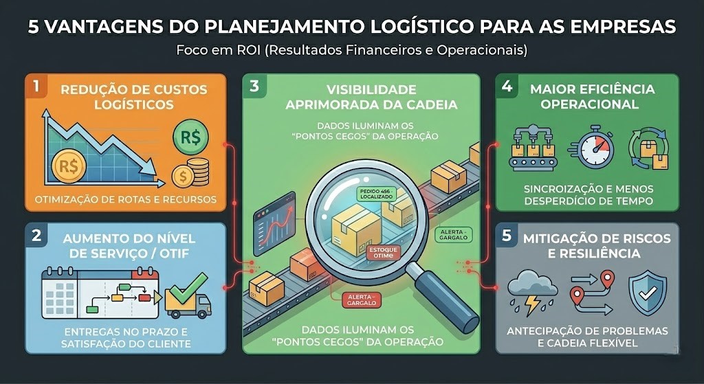 Infográfico em flat design apresentando as 5 vantagens do planejamento logístico: redução de custos logísticos, aumento do nível de serviço (OTIF), visibilidade aprimorada da cadeia iluminando pontos cegos, maior eficiência operacional e mitigação de riscos.