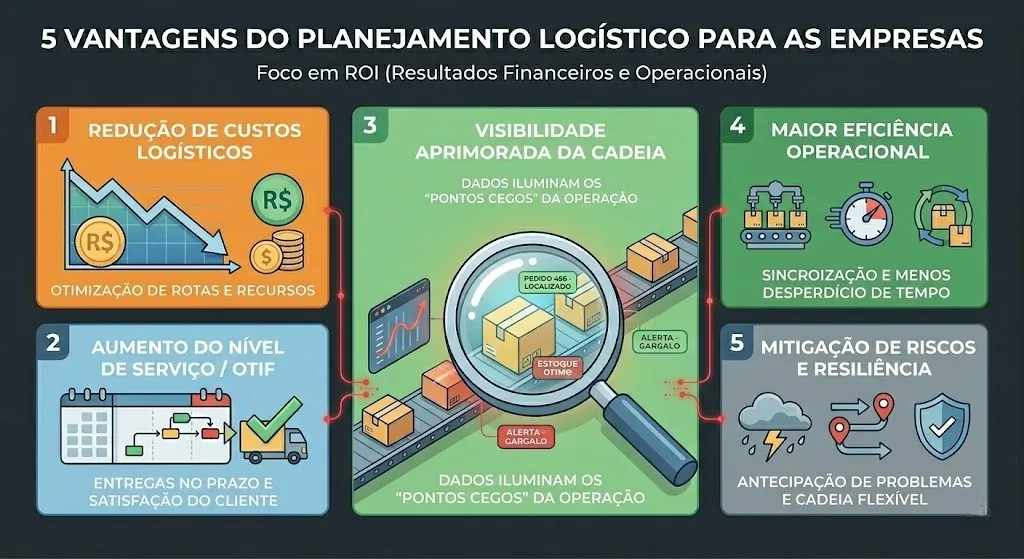 As 5 Vantagens do Planejamento Logístico focado em ROI - UniSoma Infográfico em flat design apresentando as 5 vantagens do planejamento logístico: redução de custos logísticos, aumento do nível de serviço (OTIF), visibilidade aprimorada da cadeia iluminando pontos cegos, maior eficiência operacional e mitigação de riscos.