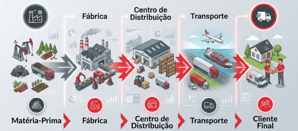 Infográfico da UniSoma ilustrando as 5 etapas do planejamento logístico na cadeia de suprimentos ponta a ponta: extração de matéria-prima, produção na fábrica, centro de distribuição, transporte e entrega ao cliente final.
