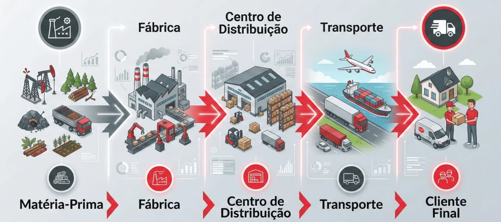 Fluxo Integrado do Planejamento Logístico na Cadeia de Suprimentos - UniSoma Infográfico da UniSoma ilustrando as 5 etapas do planejamento logístico na cadeia de suprimentos ponta a ponta: extração de matéria-prima, produção na fábrica, centro de distribuição, transporte e entrega ao cliente final.