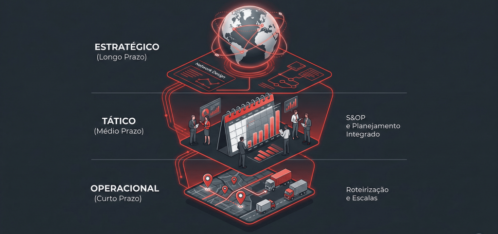 Infográfico em camadas ilustrando os 3 níveis do planejamento logístico: Estratégico (longo prazo) no topo com o desenho da malha global; Tático (médio prazo) no centro com S&OP e gráficos; e Operacional (curto prazo) na base com mapa de roteirização e frotas.