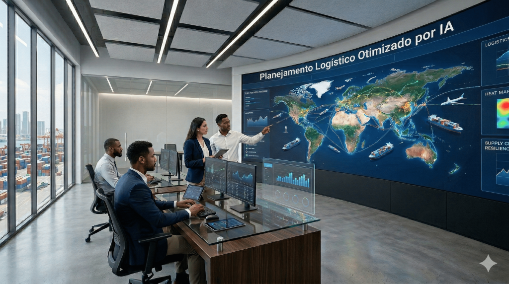 Equipe de profissionais em um escritório corporativo moderno analisando um grande painel digital com um mapa-múndi. O painel exibe rotas de transporte global, gráficos de dados e o texto "Planejamento Logístico Otimizado por IA". Ao fundo, uma grande janela mostra um porto com contêineres.