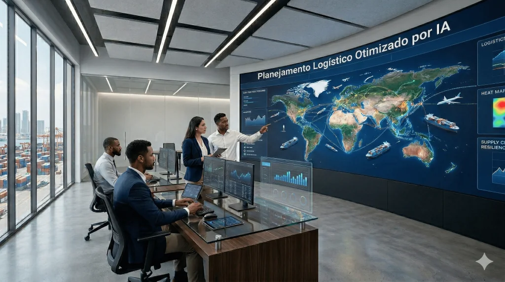 Equipe de profissionais em um escritório corporativo moderno analisando um grande painel digital com um mapa-múndi. O painel exibe rotas de transporte global, gráficos de dados e o texto "Planejamento Logístico Otimizado por IA". Ao fundo, uma grande janela mostra um porto com contêineres.