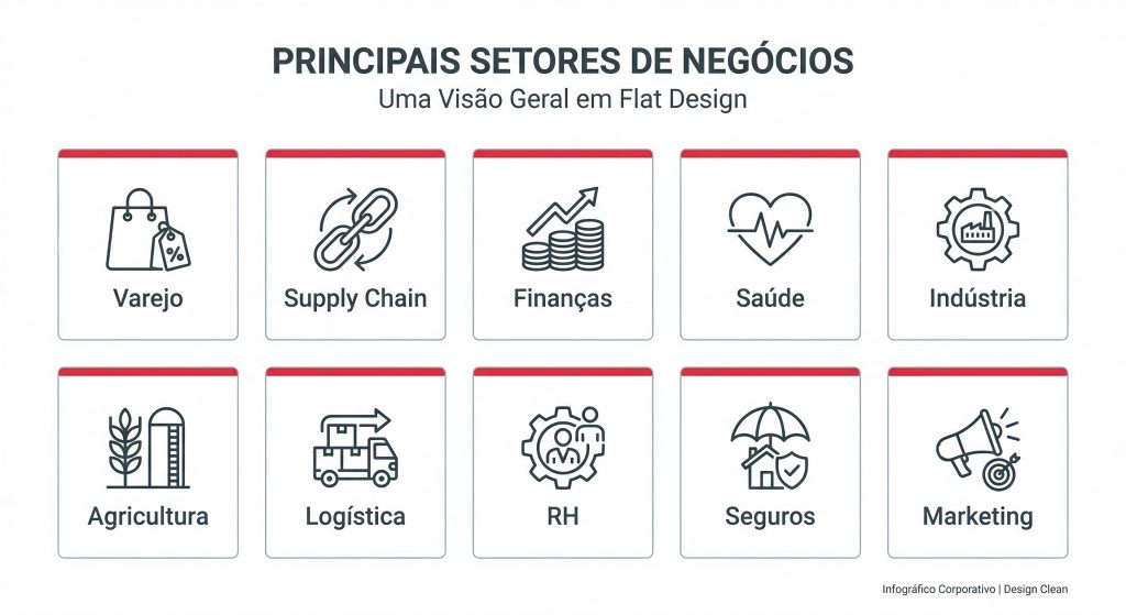 Infográfico com as 10 principais áreas de aplicação do advanced analytics: Varejo, Supply Chain, Finanças, Saúde, Indústria, Agricultura, Logística, RH, Seguros e Marketing