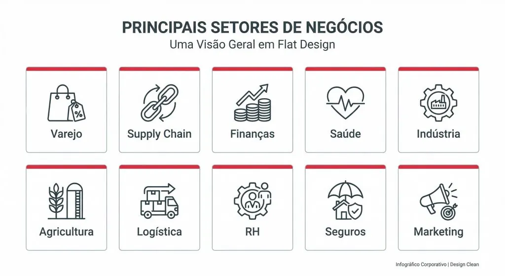Infográfico com as 10 principais áreas de aplicação do advanced analytics: Varejo, Supply Chain, Finanças, Saúde, Indústria, Agricultura, Logística, RH, Seguros e Marketing