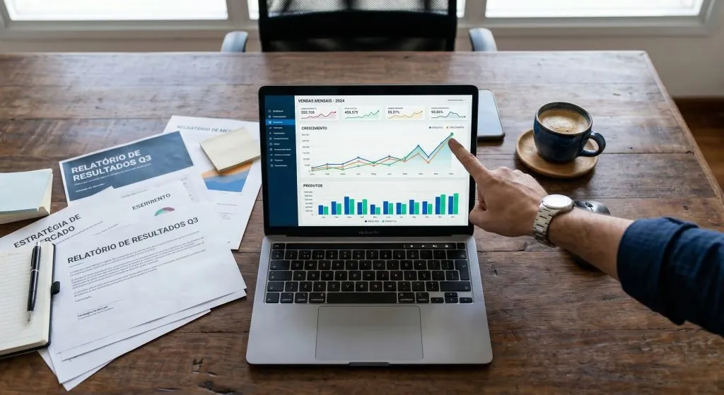 Profissional apontando para dashboard de advanced analytics em laptop, com gráficos de vendas mensais, crescimento e produtos, sobre mesa com relatórios de negócio