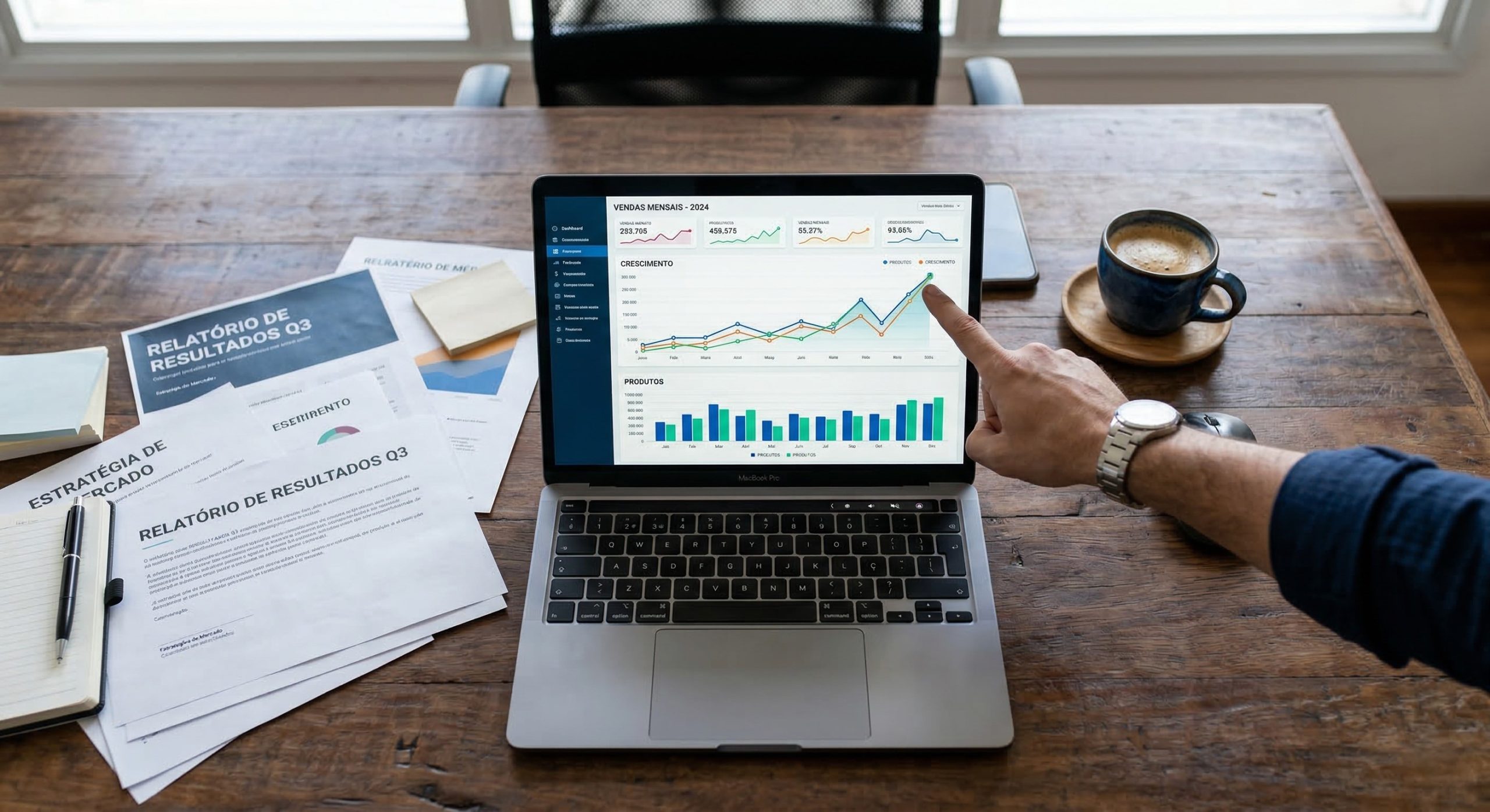 Profissional apontando para dashboard de advanced analytics em laptop, com gráficos de vendas mensais, crescimento e produtos, sobre mesa com relatórios de negócio