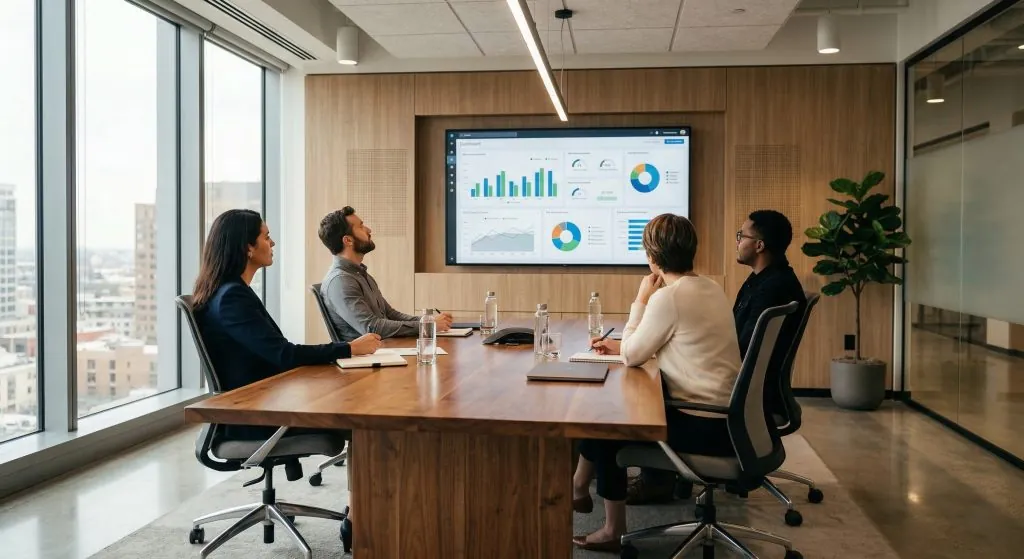 Equipe de profissionais em sala de reunião corporativa analisando dashboard de advanced analytics projetado em tela, com gráficos de barras, linhas de tendência e indicadores de desempenho.