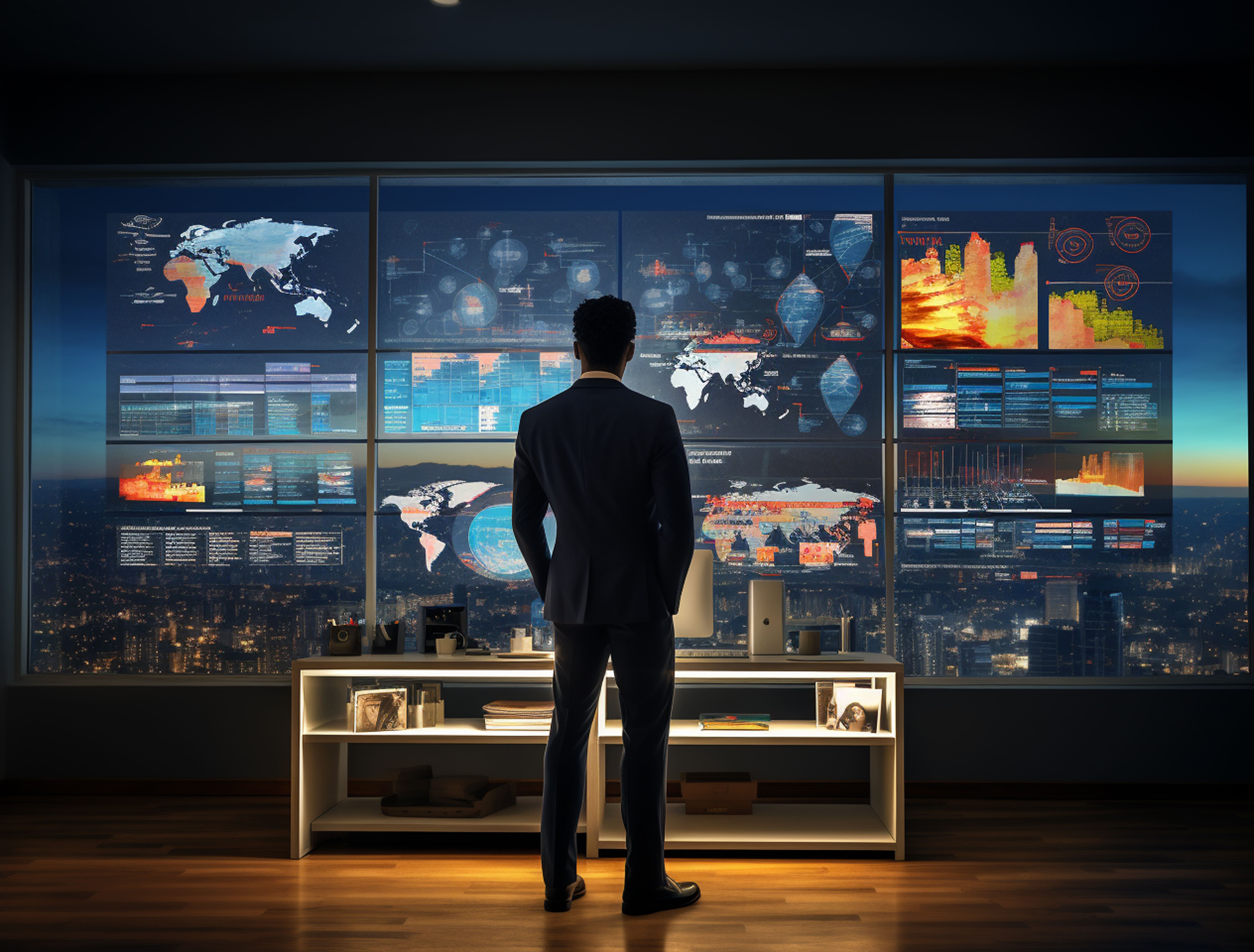 Homem de terno em frente a um painel com múltiplos monitores exibindo dados e mapas globais, ilustrando a aplicação da Pesquisa Operacional.