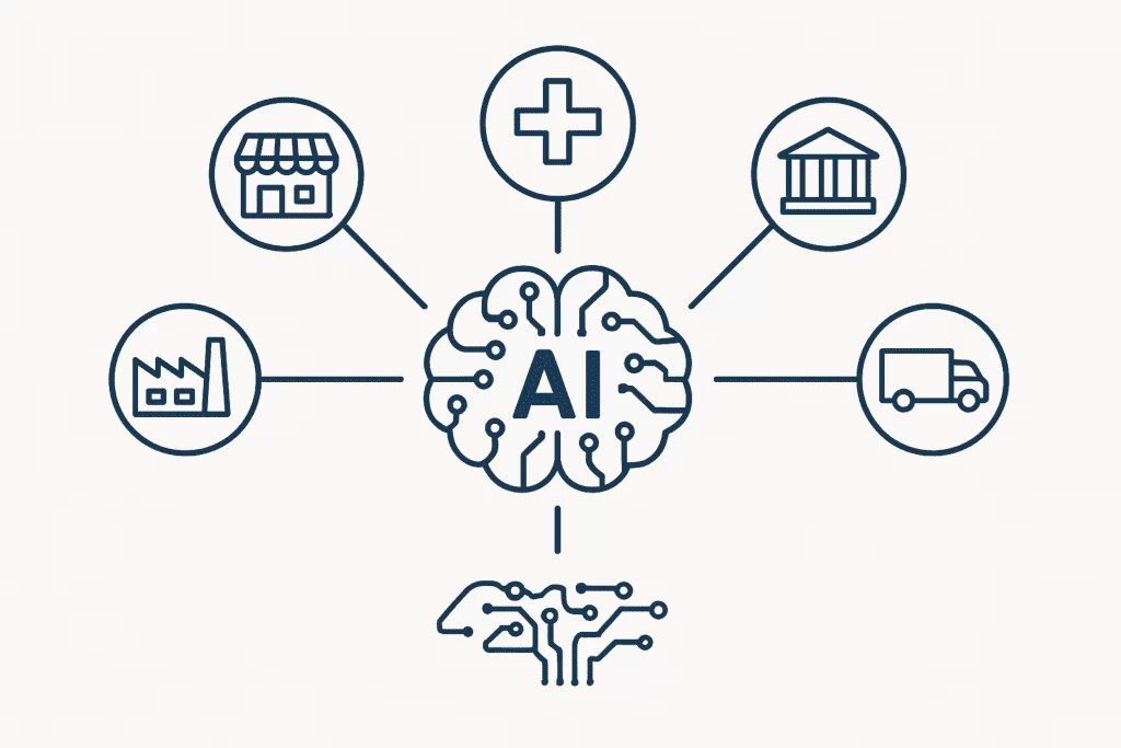 Uma ilustração minimalista com um cérebro estilizado contendo as letras "AI" no centro, conectado por linhas a cinco ícones representando diferentes setores (varejo, indústria, saúde, finanças, logística), simbolizando as diversas aplicações da Inteligência Artificial na aceleração da inteligência de mercado.