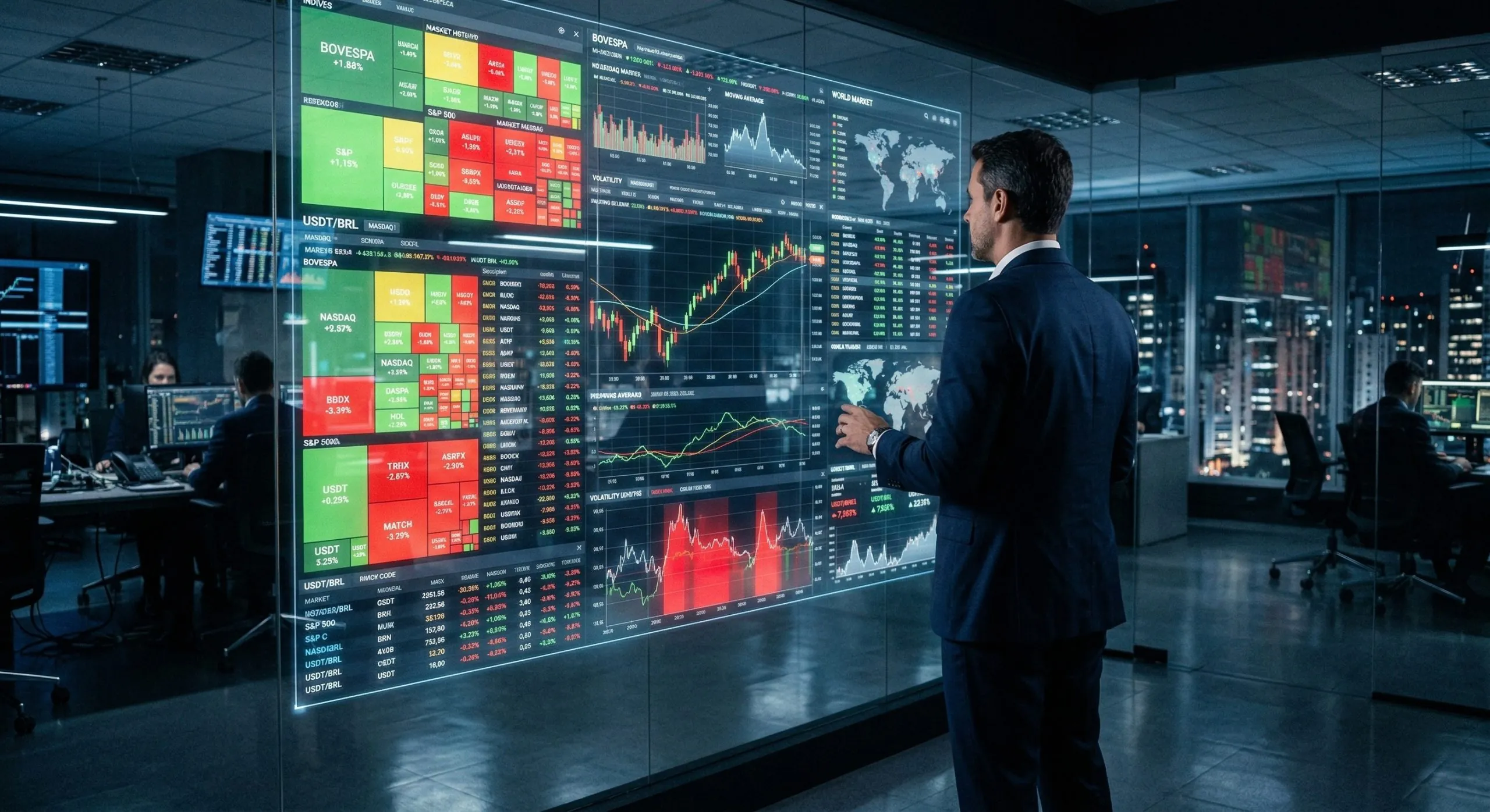 Executivo analisando painel de inteligência de mercado com dados do BOVESPA, S&P 500 e indicadores globais em tela interativa.