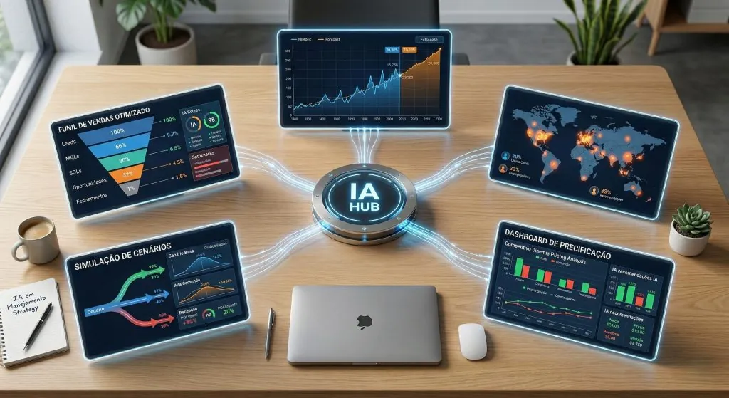 Diagrama visual com cinco aplicações da IA na inteligência de mercado: funil de vendas, forecast, customer analytics, simulação de cenários e dashboard de precificação conectados a um hub central