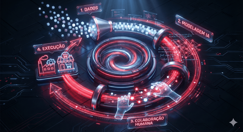 Infográfico: O Ciclo de 4 Etapas do Planejamento de Demanda com Inteligência Artificial Infográfico 3D futurista ilustrando o ciclo de 4 etapas do planejamento de demanda: Coleta de dados, Modelagem com IA, Colaboração humana e Execução no mercado, em um fluxo contínuo com luzes vermelhas e fundo escuro.