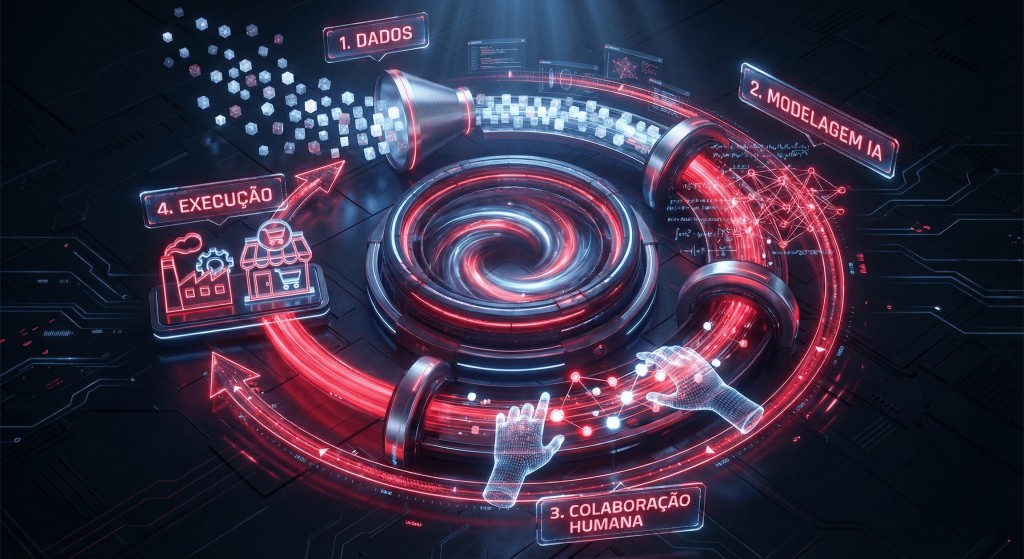 Ciclo das 4 etapas do planejamento de demanda: dados, modelagem por IA, colaboração humana e execução no S&OP