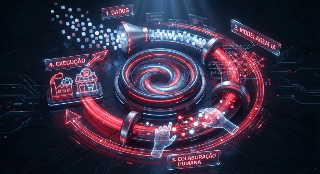 Ciclo das 4 etapas do planejamento de demanda: dados, modelagem por IA, colaboração humana e execução no S&OP
