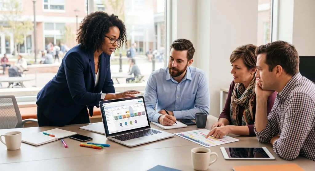 Grupo de gestores educacionais e coordenadores reunidos em uma sala clara, analisando a grade de disciplinas e o planejamento acadêmico em um notebook e planilhas impressas.